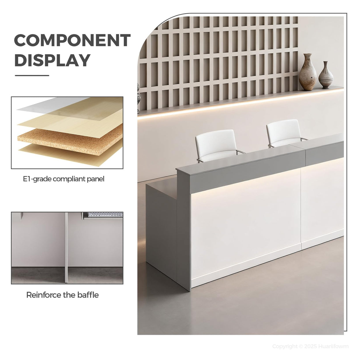 Huariifowm Modern Reception Counter, Office Reception Stand with Drawers Front Desk Reception Room Table with Keyboard Holder for Office (Grey/Regular Type, 86.61" L*23.62" W*39.37" H) Huariifowm