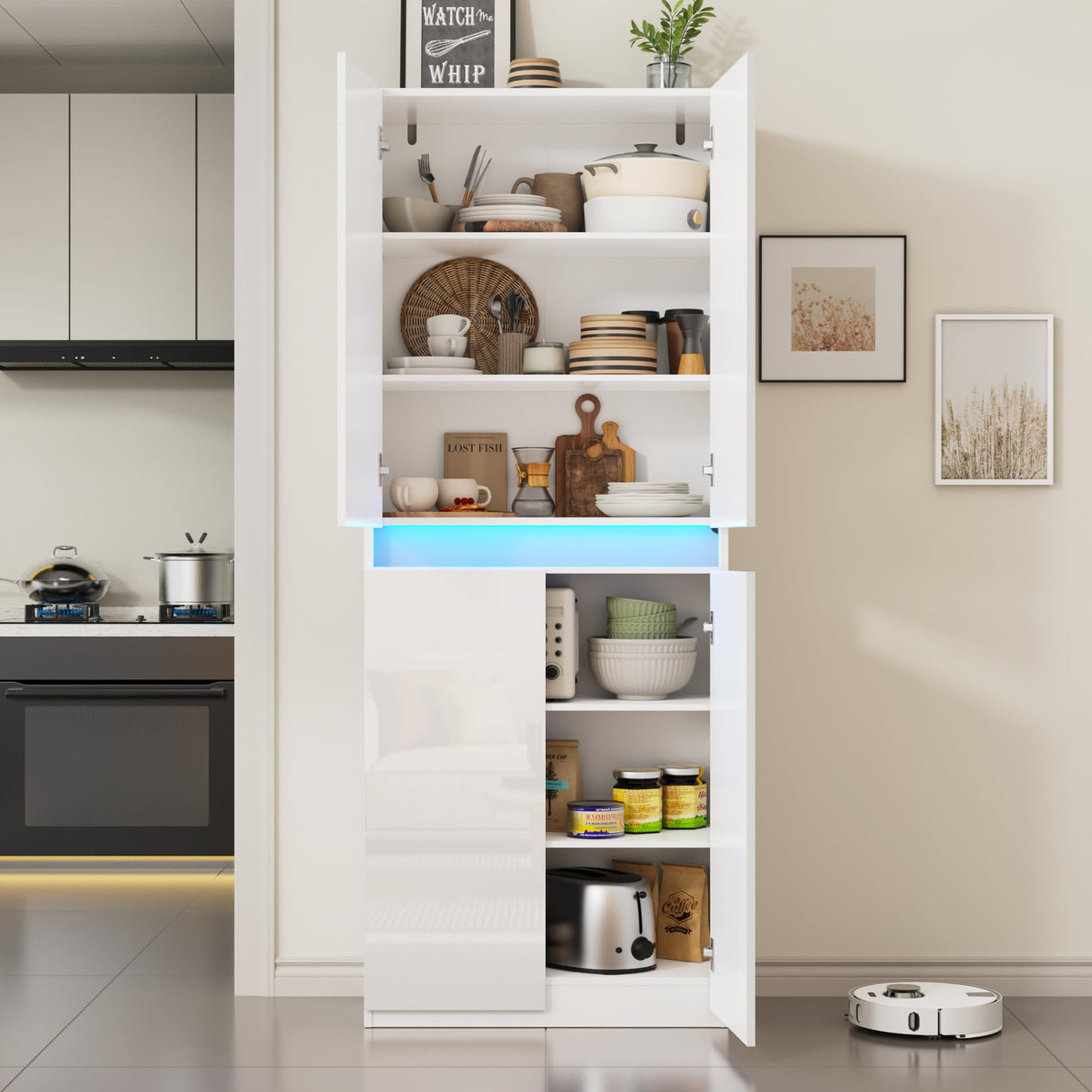 Furnify 71" Tall Pantry Storage Cabinet, Kitchen Pantry with High Gloss Doors, Modern Buffet Hutch Cabinet with Led Light and Adjustable Shelves for Dining Room, Living Room, White Furnify