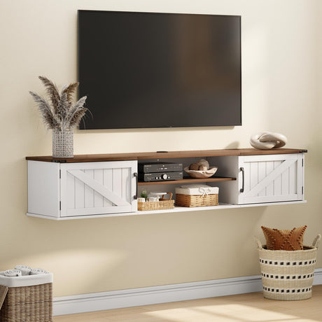 Floating TV Stand with Doors, 63'' Farmhouse Floating TV Shelf for TVs up to 80 Inch, 2 Tier Wall Mounted TV Stand, Floating Entertainment Center, TV Floating Cabinet for Living Room, Bedroom, White ALLSTAND