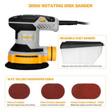 Orbital Sander Corded Hand Sander: DEKOPRO 20V 5" Random Orbital Sander with Dust Box, 6 Various Speeds Electric Palm Sander with Dust Box, 16Pcs Sandpapers for Woodworking & Sanding-Yellow DEKOPRO