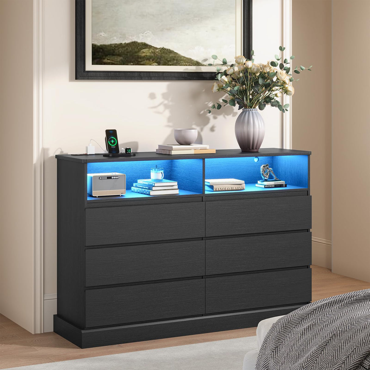 DICTAC Dresser for Bedroom with LED Lights and Charging Station, Black Dresser with No Handle Drawers, Modern Chest of Drawers, Dimensions 50.4''L x 15.7''D x 36.7''H DICTAC