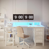 Lufeiya White Gaming Desk with LED Lights and Power Outlets, 47 inch Home Office Desk with Monitor Stand, Computer Gaming Desk with Fabric Drawers and Storage Shelves, White Lufeiya