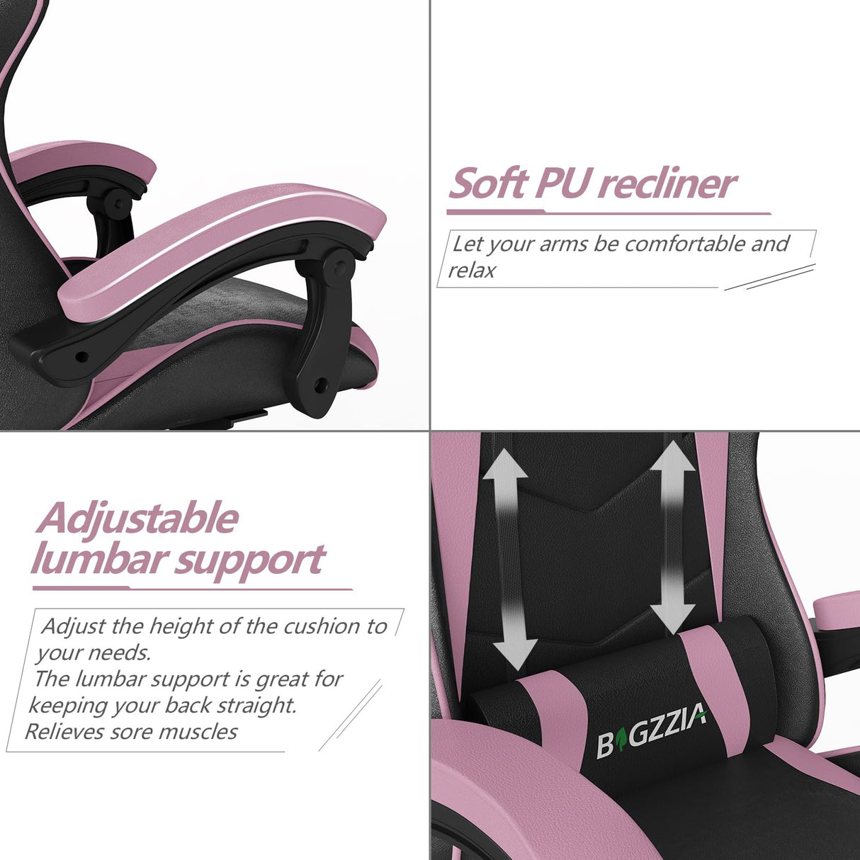 Bigzzia Gaming Chair, Ergonomic Video Game Chairs with Pillow and Lumbar Support, Racing Style Height Adjustable Computer Chair with 360°-Swivel Seat for Adults(Black/Pink) Bigzzia