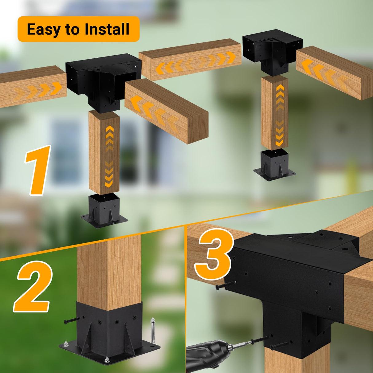 Neorexon Pergola Bracket Kit Elevated Wood Stand Kit Woodwork 4" x 4" (Actual 3.5" x 3.5"), Solid Steel DIY Pergola Hardware Kit, 6PCS Base Bracket & 4PCS 3-Way Corner Bracket & 2PCS 4-Way Bracket Neorexon