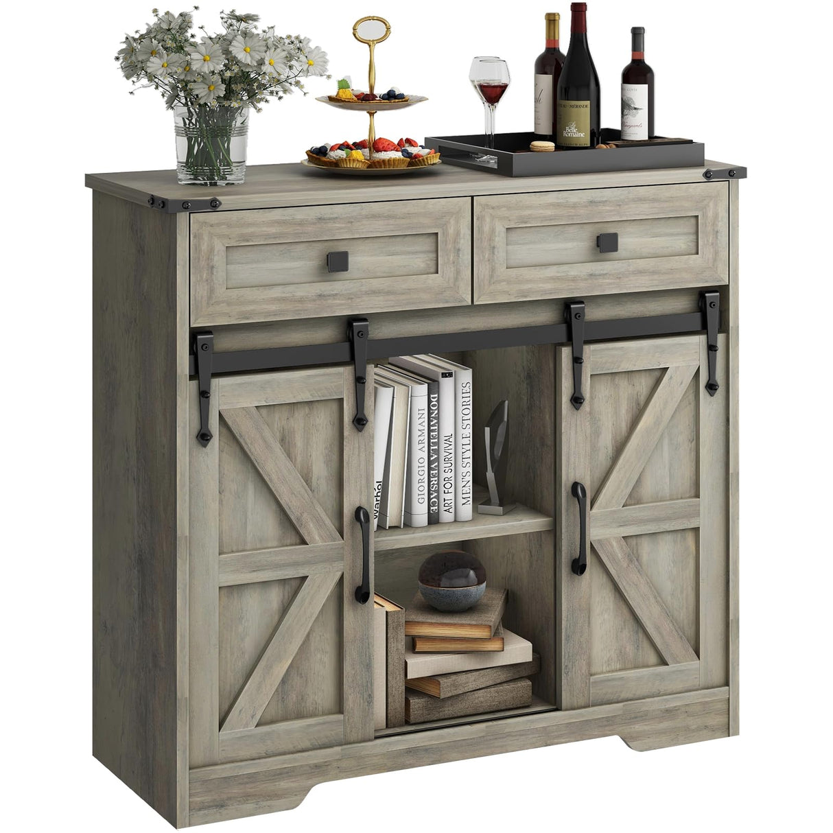 Vabches Farmhouse Storage Cabinet with Sliding Barn Doors and Drawers, Grey Freestanding Kitchen Pantry Cabinet, Floor Storage Cabinet for Bathroom, Living Room, Adjustable Shelves, Ample Space Vabches