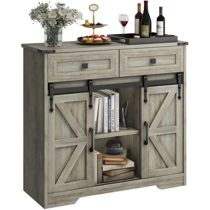 Vabches Farmhouse Storage Cabinet with Sliding Barn Doors and Drawers, Grey Freestanding Kitchen Pantry Cabinet, Floor Storage Cabinet for Bathroom, Living Room, Adjustable Shelves, Ample Spa - WoodArtSupply