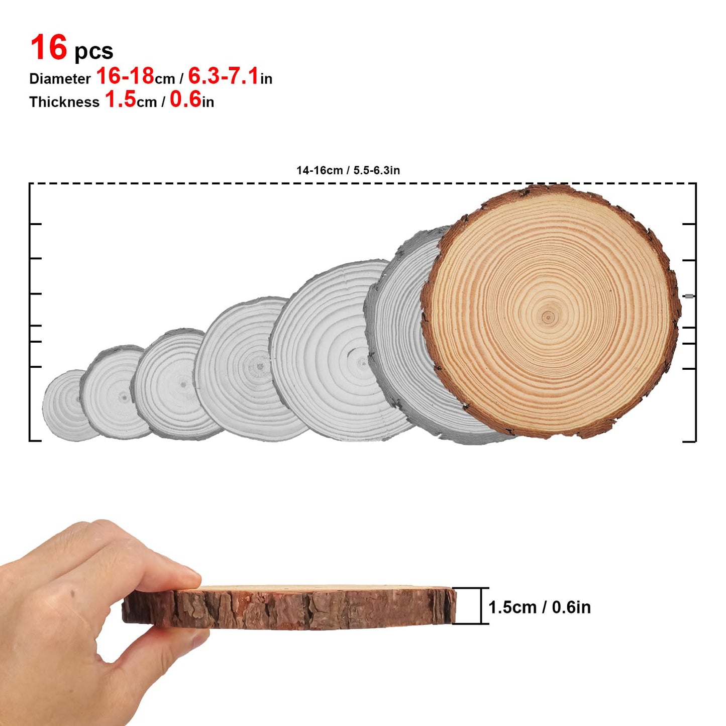 kukmakri 16 PCS Unfinished Wood Slices for Centerpieces, 6.3-7 Inch Natural Wood Slices with Tree Bark Pine and Wood Rounds Discs for DIY Crafts, Centerpieces, Art & Decor