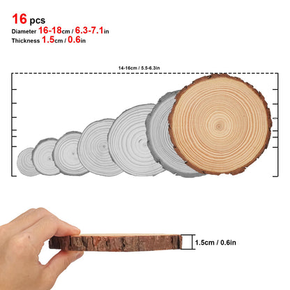 kukmakri 16 PCS Unfinished Wood Slices for Centerpieces, 6.3-7 Inch Natural Wood Slices with Tree Bark Pine and Wood Rounds Discs for DIY Crafts, Centerpieces, Art & Decor