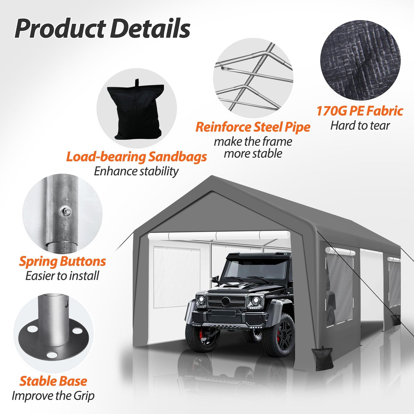 QZEN Carport 12'x20' Portable Garage, Heavy Duty Carport Canopy with Roll-up Ventilated Windows & Side Doors, Car Port for SUV, F150, Car, Truck, Boat（12' x 20'）