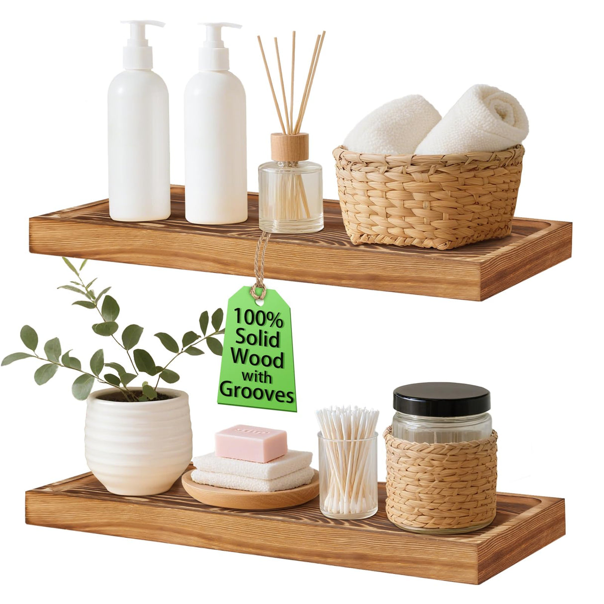 Hiitytin Solid Wood Floating Shelves Bathroom 16 inch Rustic Wall Wood Display Shelves with Grooves Set of 2 Home Decor for Living Room Bedroom Kitchen Farmhouse 16x6.7 inch - Brown Hiitytin