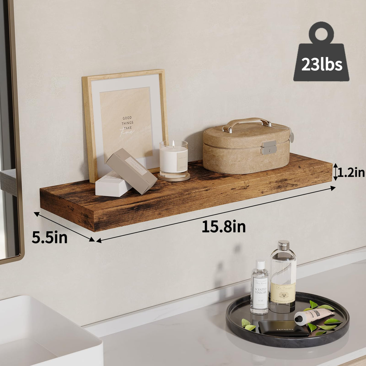 Fixwal 15.8in Floating Shelves, Rustic Wood Finish Wall Shelves Set of 4, Shelves for Wall Decor, with Invisible Brackets for Bathroom, Living Room,Bedroom and Kitchen(Rustic Brown) Fixwal