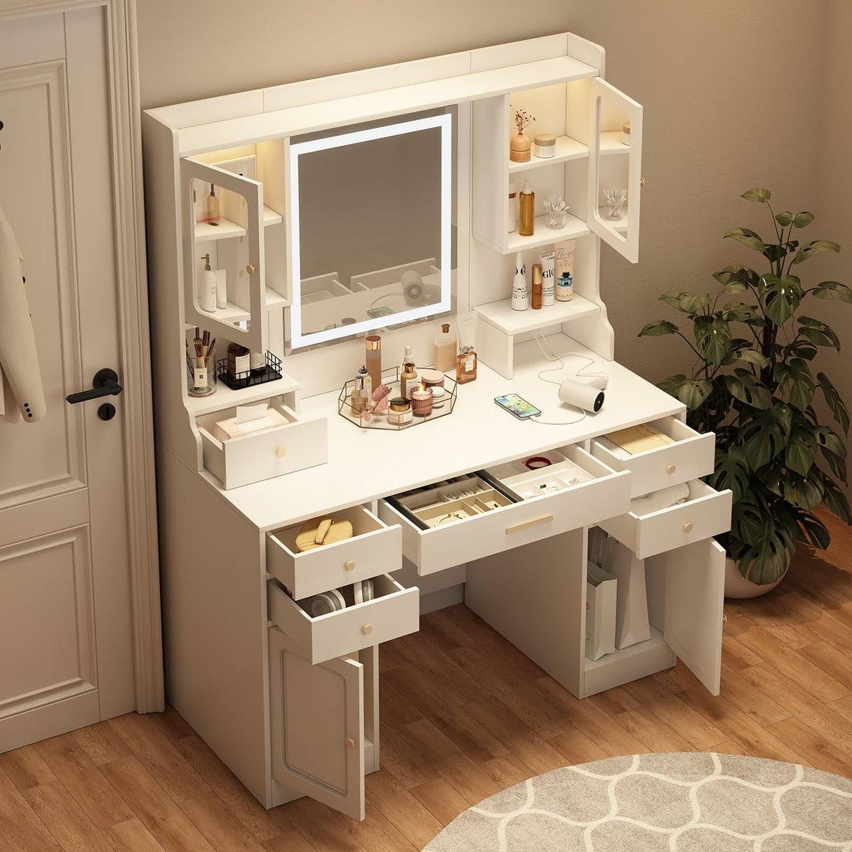 Leavader Vanity Desk with Lighted Mirror - 41.3" White Vanity Table with USB Ports & Large Storage Space, Modern Makeup Desk Dressing Table for Home Apartment Leavader