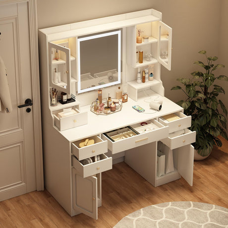 Leavader Vanity Desk with Lighted Mirror - 41.3" White Vanity Table with USB Ports & Large Storage Space, Modern Makeup Desk Dressing Table for Home Apartment Leavader