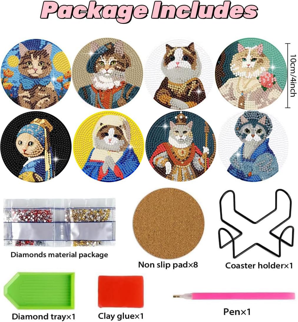 Puraikcmi 8PCs Diamond Paintings Coasters Kits Set With Holder, Cat Diamond Art, Crafts DIY Funny Adult Craft Diamond Dots Gift Puraikcmi