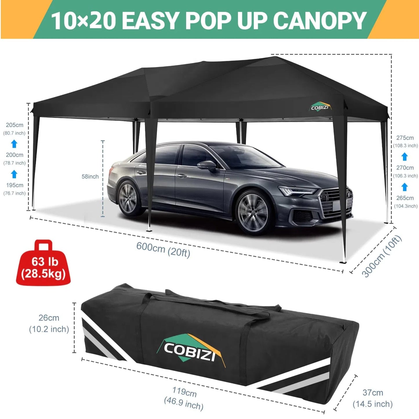 COBIZI Canopy 10x20 Pop Up Canopy Tent with 6 Sidewalls Easy Pop Up Tent 10x20 Waterproof Commercial Instant Shelter UPF 50+ Portable Gazebo Wedding Tents for Parties Carport Vender Events(Black..