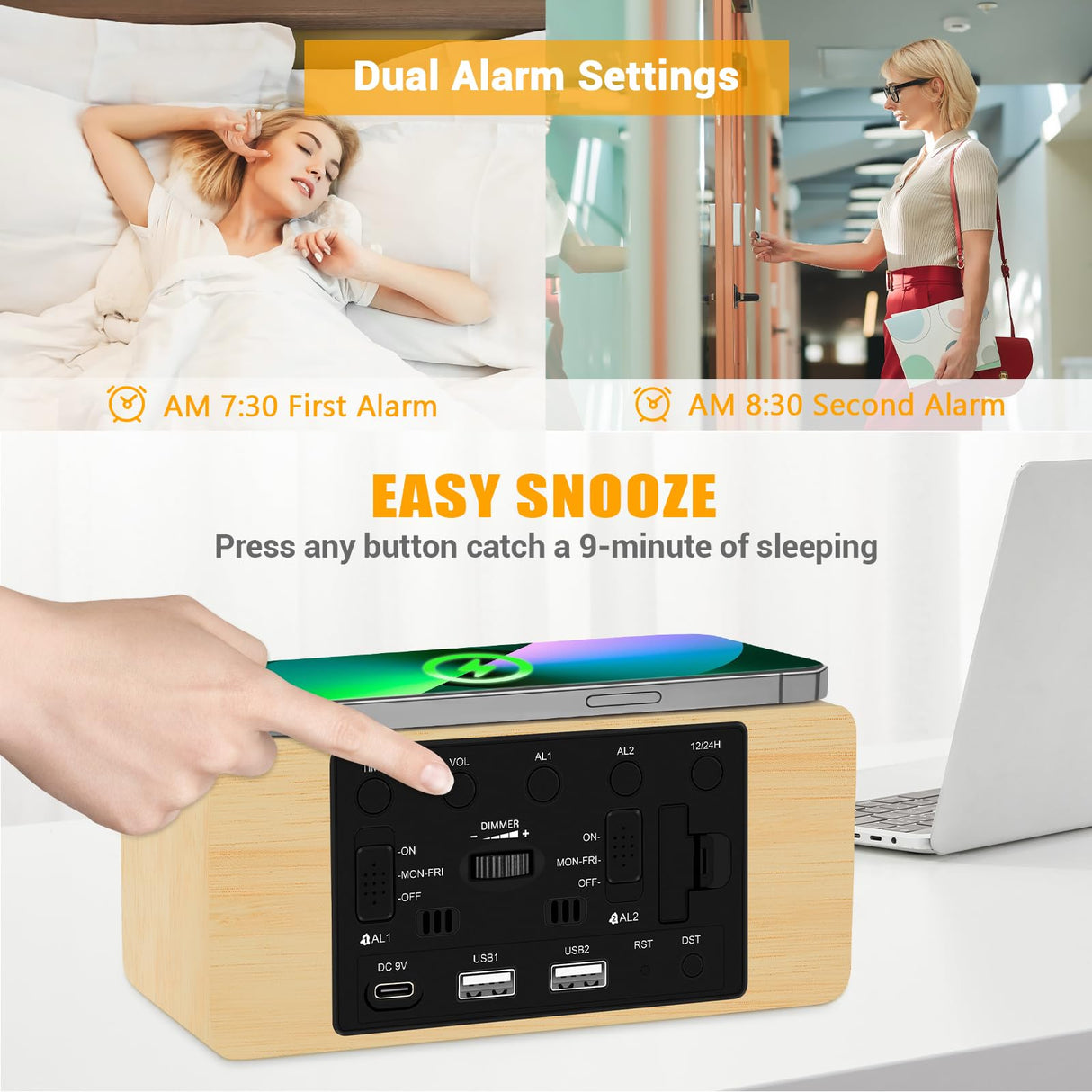URAYCO Wood Digital Alarm Clock with 10W Fast Wireless Charger, USB Charging Ports, DST, Dimmable, Snooze, Large Number LED Display for Bedrooms, Desk, Living Room Table, Bedside, Nightstand (Bamboo) URAYCO