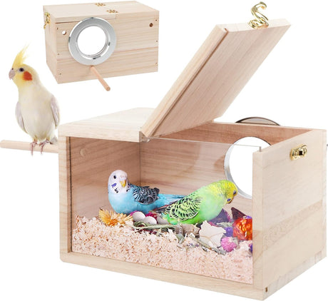 Natural Wood Nesting Box for Parakeet Birds Transparent Design Breeding Box with Perch Wood Bird Cage House for Cockatiel Lovebirds Budgie Finch Parrotlets Canary (Small) FORZENA