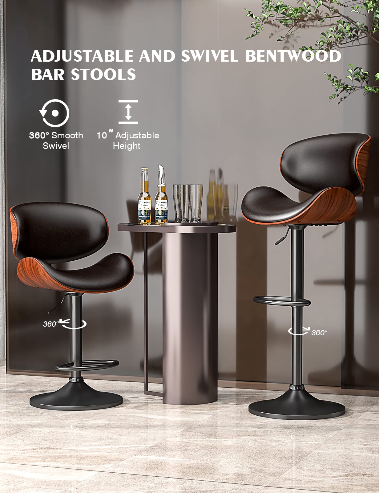 YaFiti Swivel Bar Stools Set of 2 for Kitchen Counter, Adjustable Bentwood Barstools, Modern PU Leather Upholstered Bar Chair with Back and Footrest, for Bar, Kitchen, Dining Room, Black - WoodArtSupply