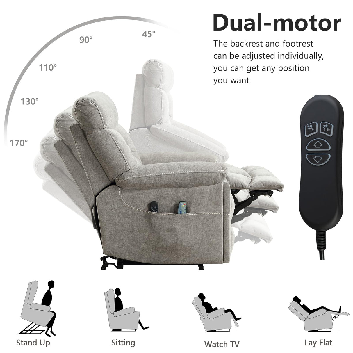 CANMOV Dual Motor Power Lift Recliner Chair for Elderly, 27" Extra-Wide Seat 450 lbs Weight Capacity Infinite Position Adjustment, with Heated Massage, Cup Holders and USB Port, Grey Fabric CANMOV