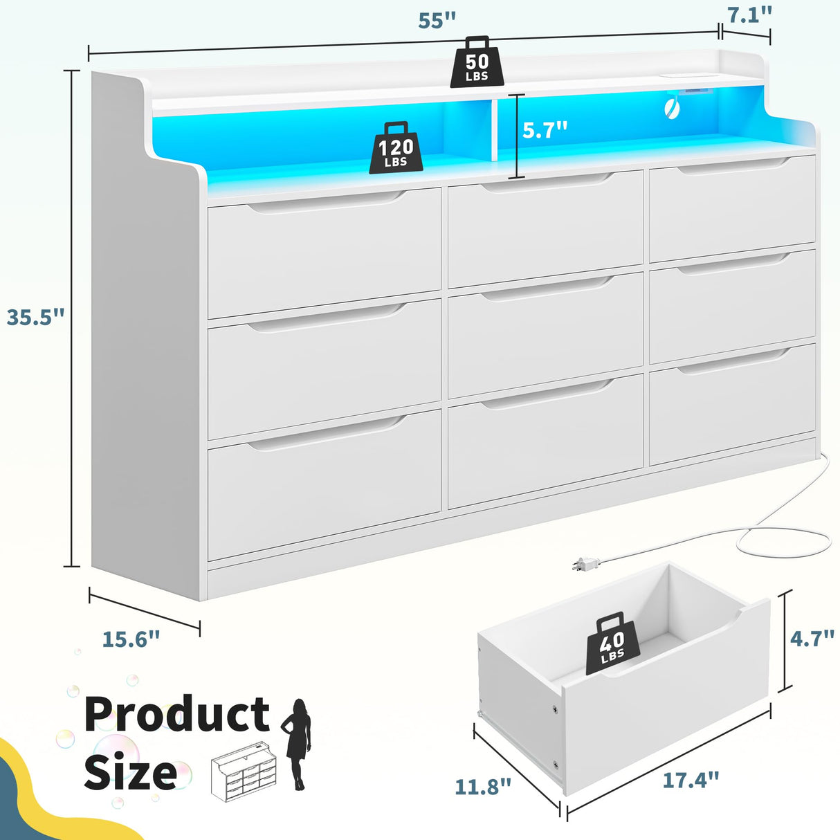 DurayLoly Modern Dresser for Bedroom with LED Light, 9 Drawer White Dresser with Charging, Wooden Chest of Drawers, Large TV Stand for Bedroom DurayLoly