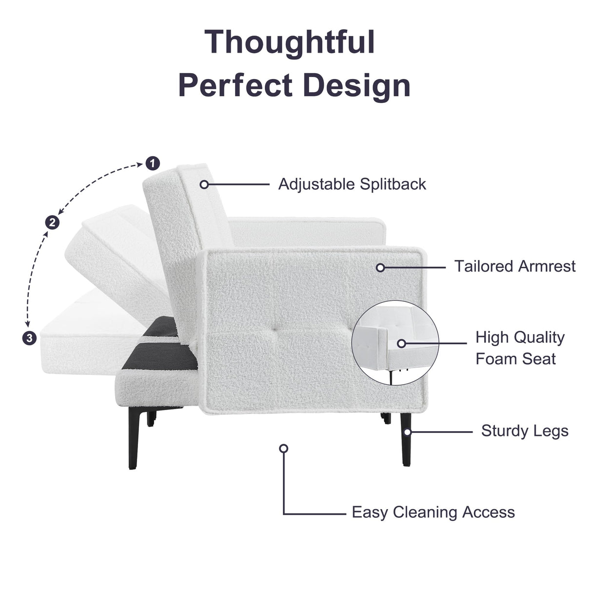 Furnify Small Loveseat for Living Room, 67" Sleeper Sofa Couch, Modern Futon with Adjustable Backrest, Comfy Two Seater Sofa for Bedroom Apartment Office, Teddy Fleece Fabric - White Furnify