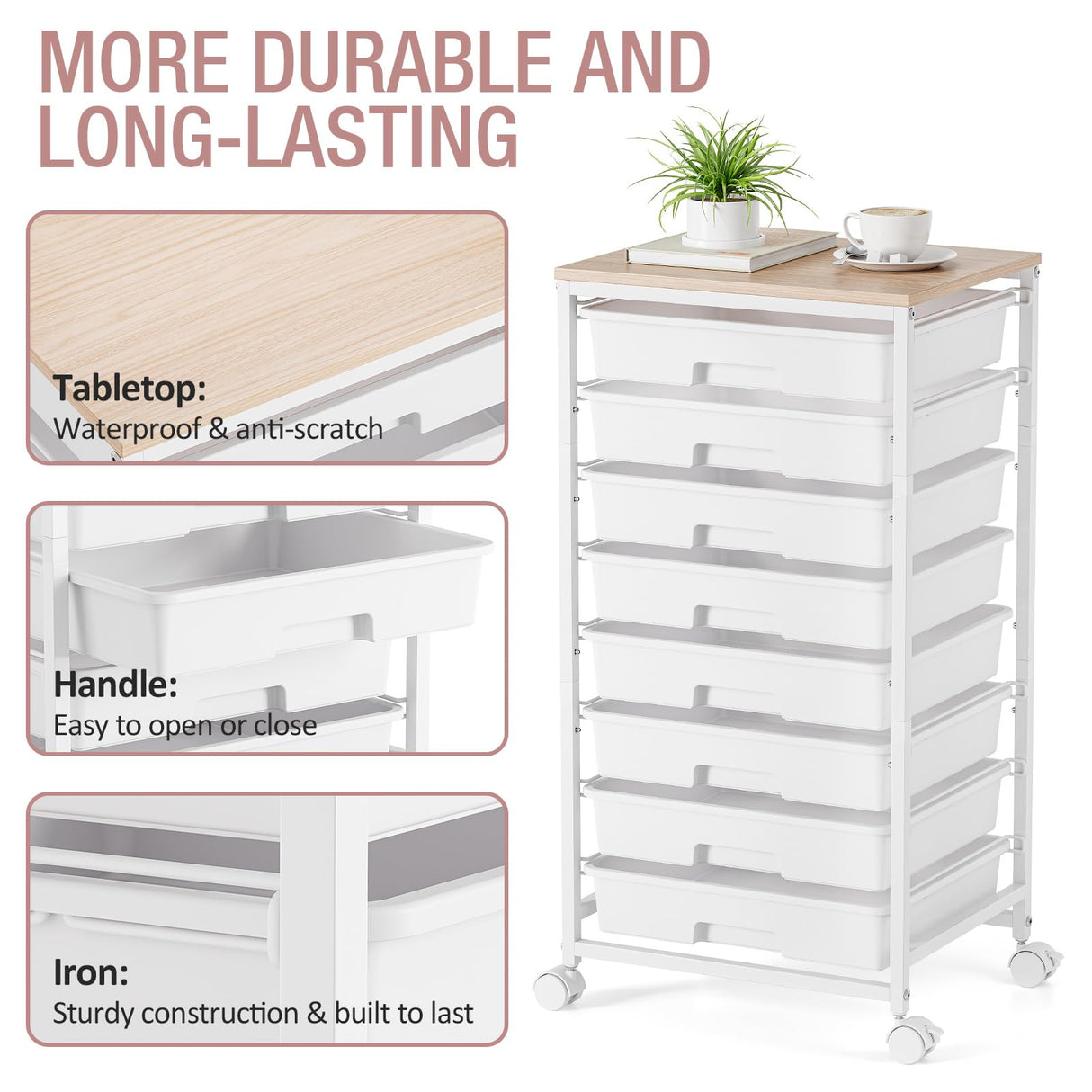 Storage Cart with 8 Drawers, Utility Cart with White Drawers and Wooden Tabletop, Craft Cart, Teacher Organization for Classroom,White TOOLF
