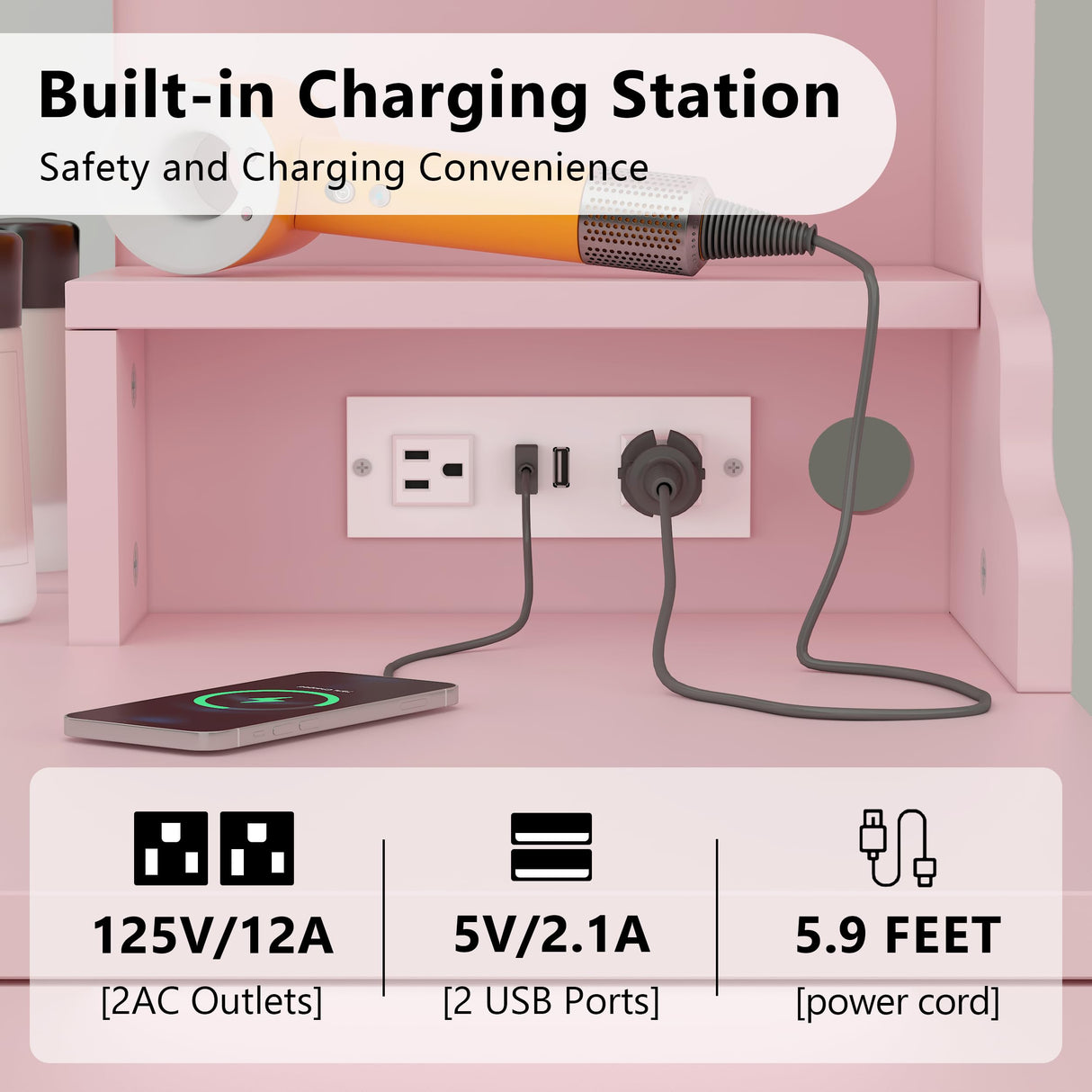 CSZZD Vanity Desk with LED Lighted Mirror, 41.3" Makeup Vanity Table with Power Outlet and Lots Storage, 6 Drawers and Storage Shelves for Bedroom, Dressing Table with RGB Cabinets, Pink CSZZD
