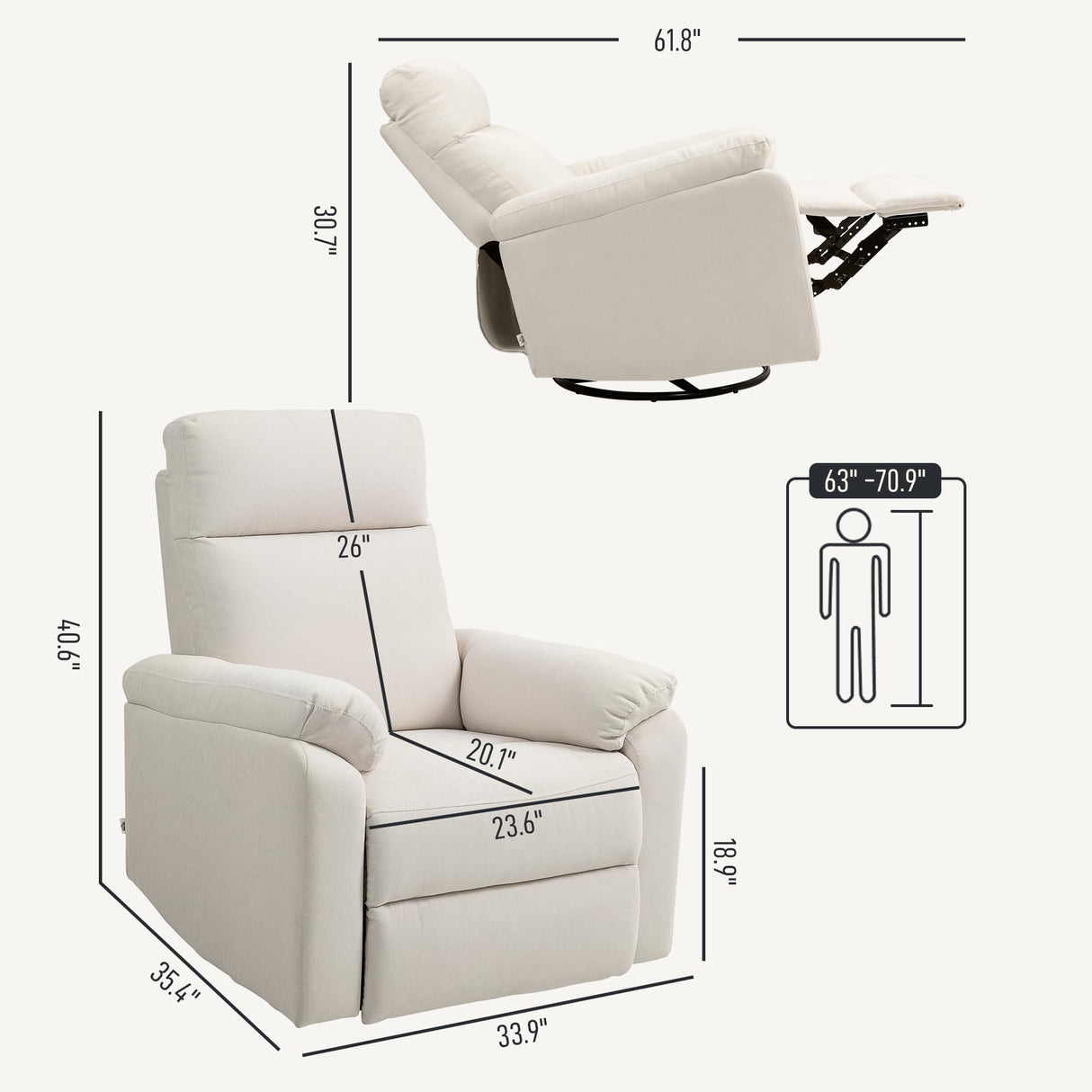 HOMCOM Swivel Rocker Recliner Chair, Wide Glider Rocking Single Sofa with Pocket Spring, Footrest, Modern Fabric Overstuffed Reclining Chair for Living Room, Bedroom, Quick Assembly, Cream White HOMCOM