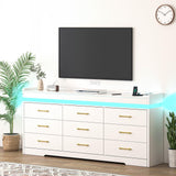 Bvldfamly Wide 9 Drawers Dresser with LED Lights - 63 INCH Modern Wooden Chest of Drawers for Bedroom, Charging Station Storage Organizer Closet for Bedroom, Living Room, White Bvldfamly