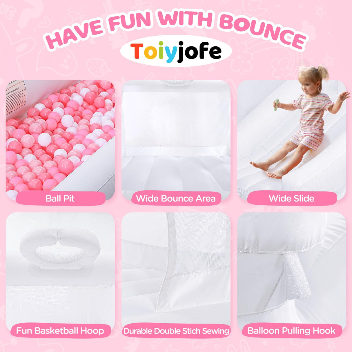 Toiyjofe White Bounce House, Inflatable Bouncer Castle with Slide, Air Blower, Ball Pit, Bouncy Castle for Indoor Outdoor Birthday Party Wedding Decor Backyard for Kids 3-8Y (10FT X 10FT X 7FT) Toiyjofe