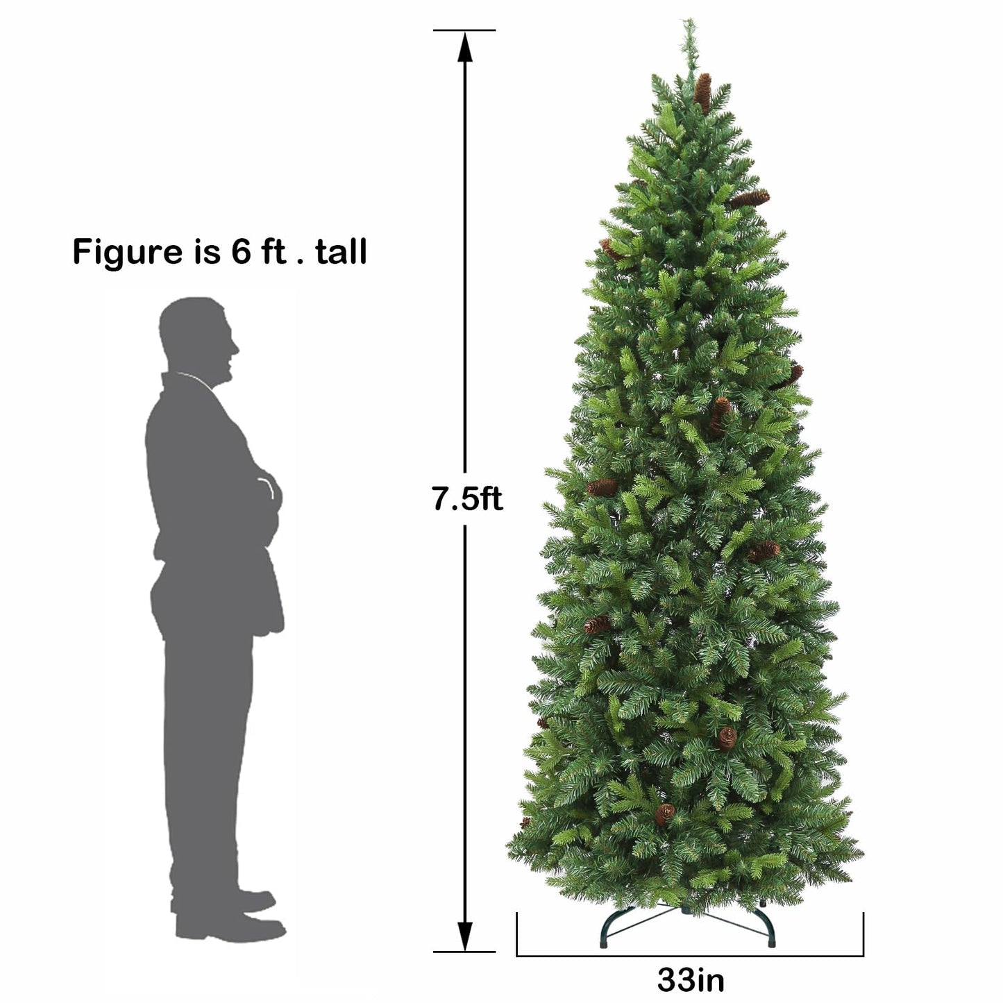 Hykolity 7.5 ft Prelit Slim Christmas Tree with 300 Multicolor Twinkling LED Lights, 1478 PE & PVC Realistic Tips, Artificial Christmas Tree with Pine Cones, Metal Stand and Hinged Branches, 11 Colors