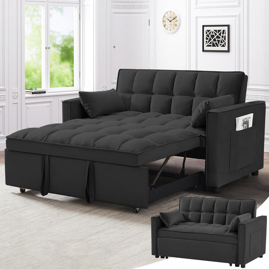 Skepphlay 3 in 1 Sleeper Sofa Bed, Pull Out Couch, Convertible Futon Loveseat with Adjustable Backrest, Living Room Chaise Lounge with 2 Pockets and 2 Pillows for Home Apartment Office, Black