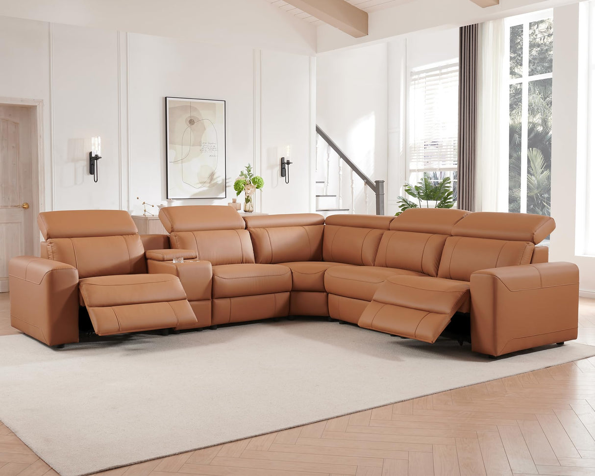AMERLIFE Power Recliner Sofa, Electric Reclining Sofa with Console & Dual Recliner, Leather Sectional Couch for Living Room, Brown AMERLIFE