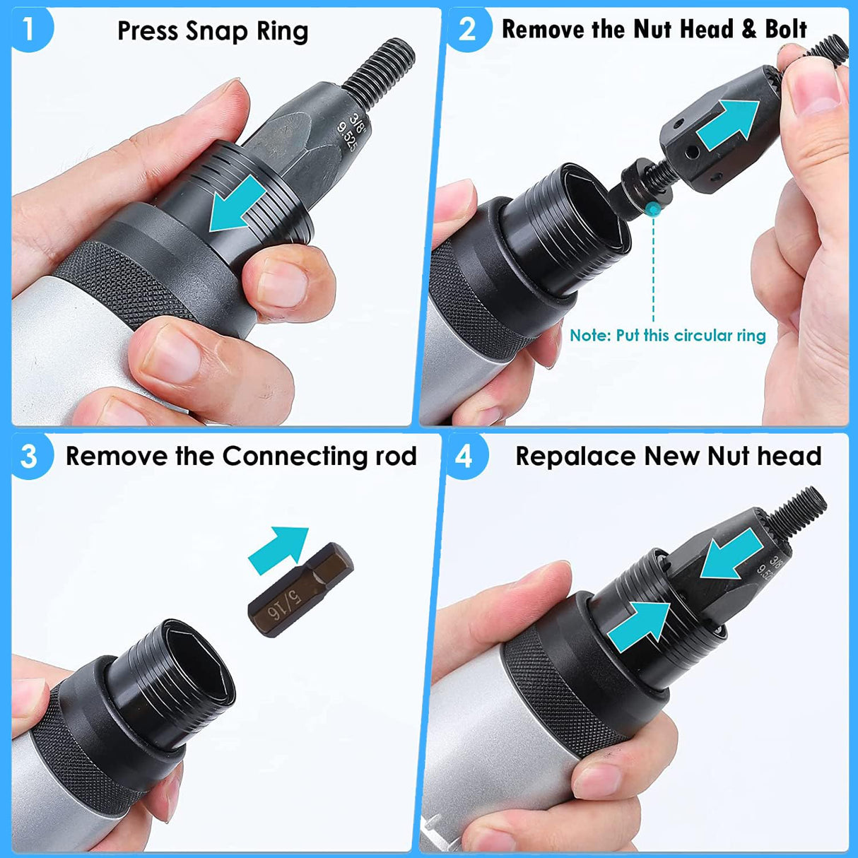 kzalzaci Cordless Rivet/Rivet Nut Gun, 2in1 Rivet Tool for Rivets(1/8'', 5/32'', 3/16") and Rivet Nuts(1/4",5/16",3/8"), Automatic Blind Rivet, 2 Battery Packs kzalzaci