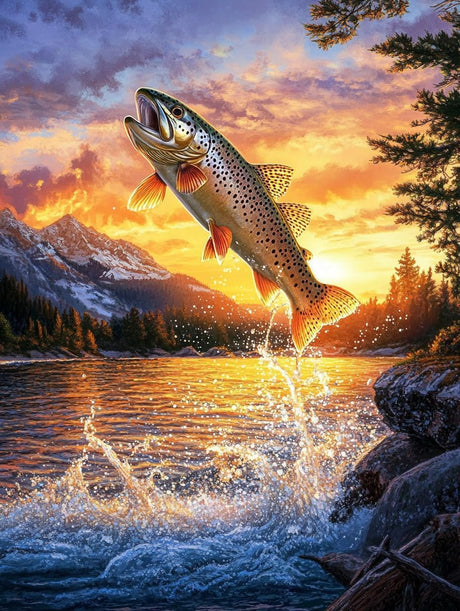 5D Trout Fish Jump from Water Sunset Diamond Art 12x16 Inch Full Drill Diamond Painting Kits for Adults & Beginners - DIY Art Crafts for Relaxation and Home Wall Decor WoodArtSupply
