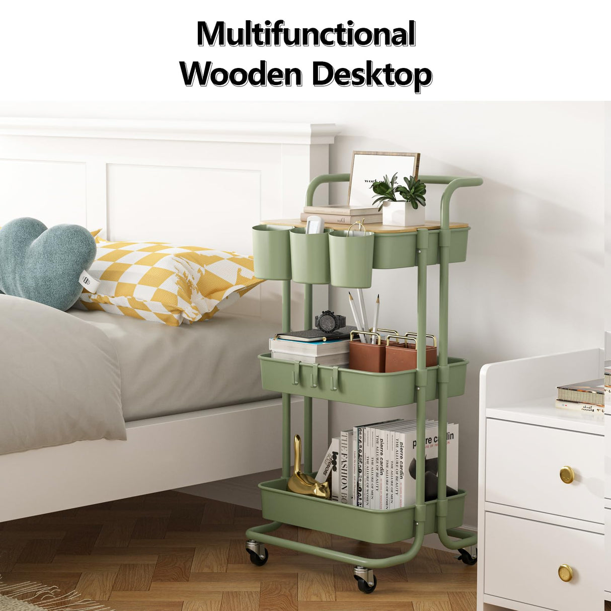 3 Tier Rolling Cart with Metal Handle, Table Top, Hanging Cups, Hooks, Plastic Storage Baskets& Wheels Lockable, Utility Cart for Bathroom Classroom Office Kitchen Pantry Organizers and Storage, Green NRSUEN