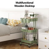 3 Tier Rolling Cart with Metal Handle, Table Top, Hanging Cups, Hooks, Plastic Storage Baskets& Wheels Lockable, Utility Cart for Bathroom Classroom Office Kitchen Pantry Organizers and Storage, Green NRSUEN