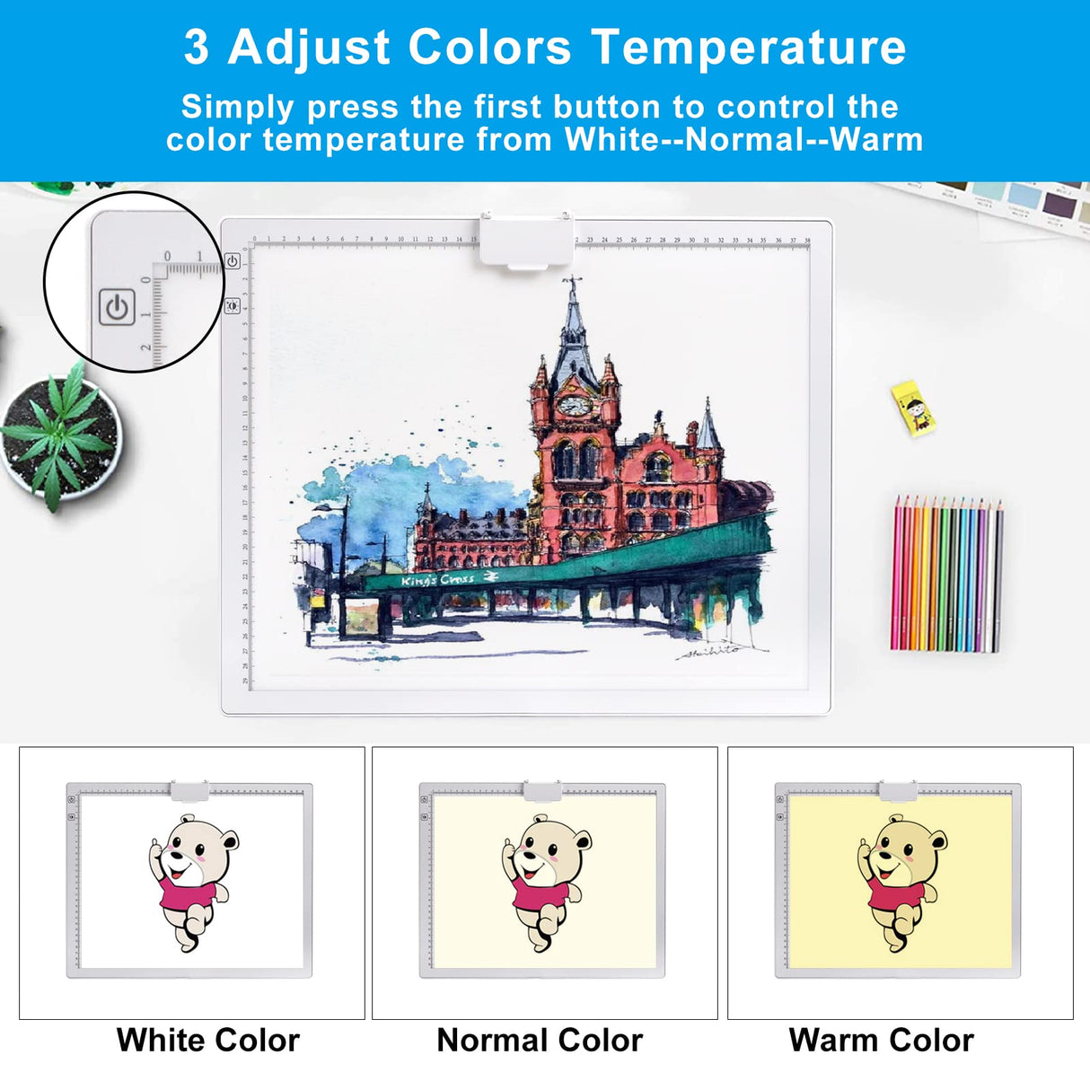 A3 Rechargeable Light Pad with Case, TOHETO 2500mAh Battery Powered Light Board with Stand and Top Magnetic Clip 3 Colors Stepless Dimmable 6 Levels Brightness Light Box for Diamond Painting (White) TOHETO