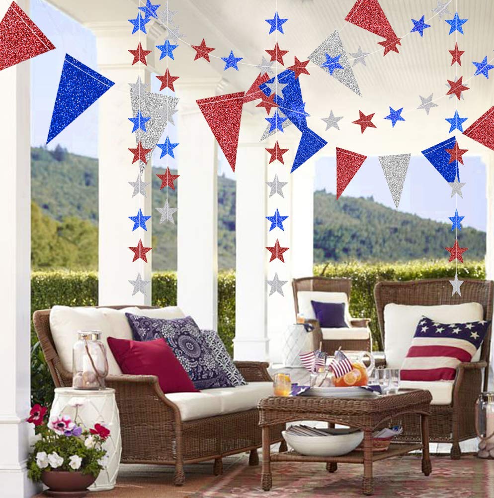 Decor365 Red Blue White/Silver Star Garland Triangle Pennant Banner Kit 4th/Fourth of July USA America Independent Day Celebration Decor Party Hanging Decoration for Bithday/Wedding/Home/Cavinal/Home Decor365