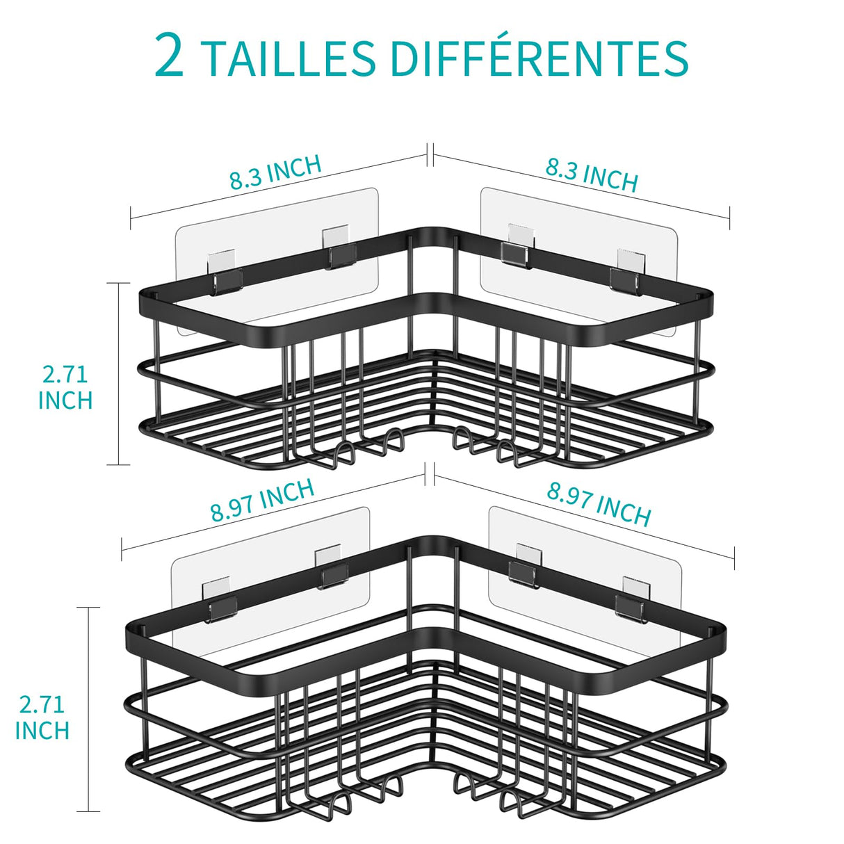 Yazoni Corner Shower Caddy, Adhesive Shower Shelves No Drilling [2-Pack], Rustproof Stainless Steel Bathroom Shower Organizer Wall Mounted with 8 Hooks (Black) Yazoni