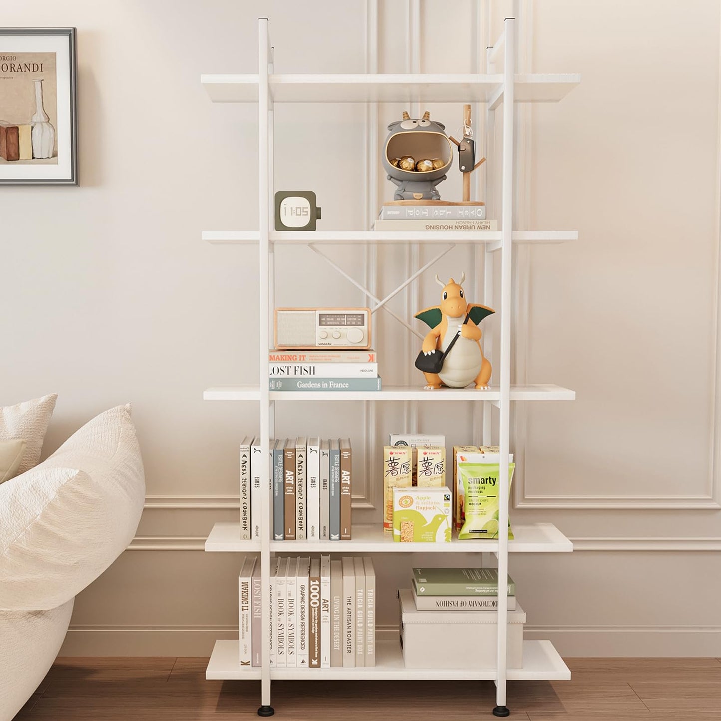 Azheruol 5-Tier Modern White Wooden Bookshelf - Versatile Open Storage Bookcase for Home Office and Study - WoodArtSupply