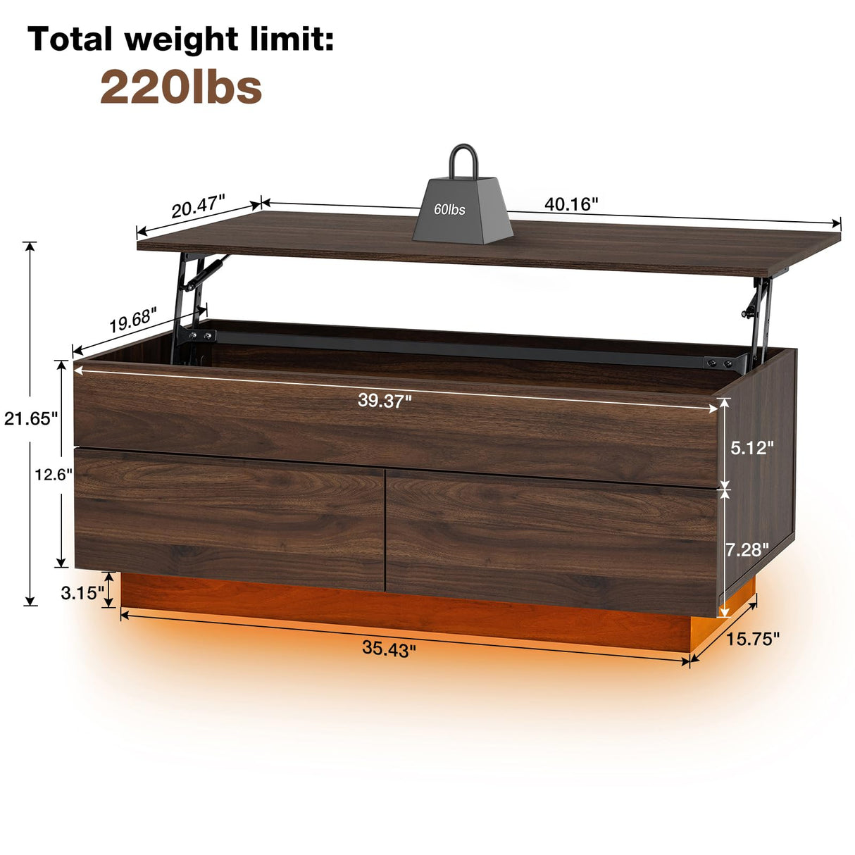 HOMMPA Modern Lift Top Coffee Table with Storage for Living Room, LED Coffee Table, Wooden Lift Table Top Dining Table with 2 Drawers Hidden Compartment & Metal Frame, Walnut HOMMPA