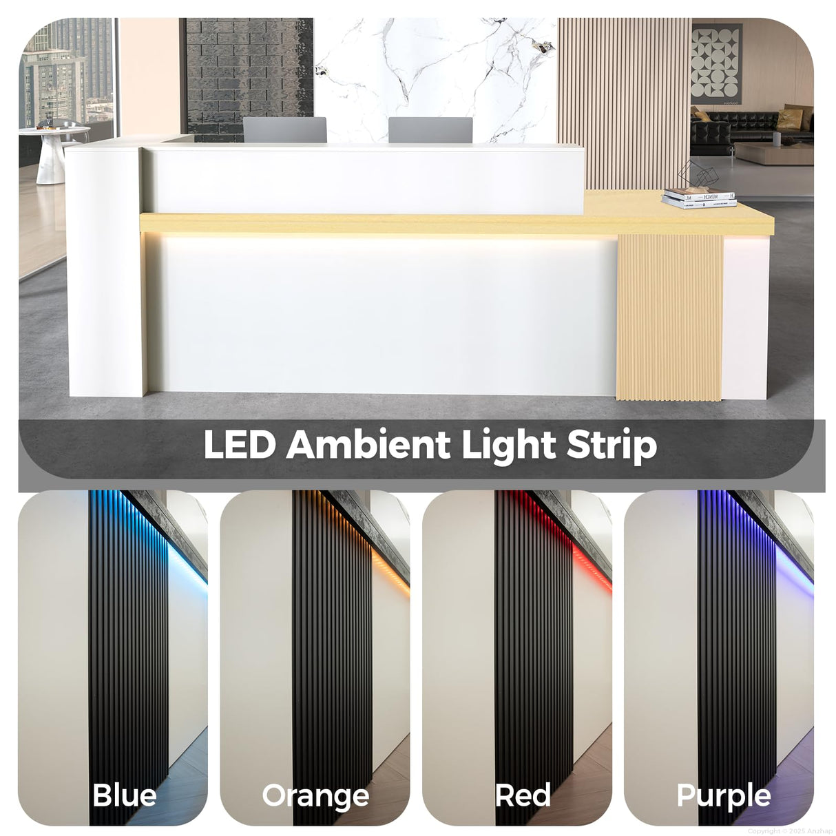 Anzhap L-Shaped Standing Reception Desk with LED Lights, Front Desk Reception Counter with Drawer, Open Storage Cabinets for Office, Salon, Lobby (Maple + White/Right, 71" L * 24" W * 39" H) Anzhap