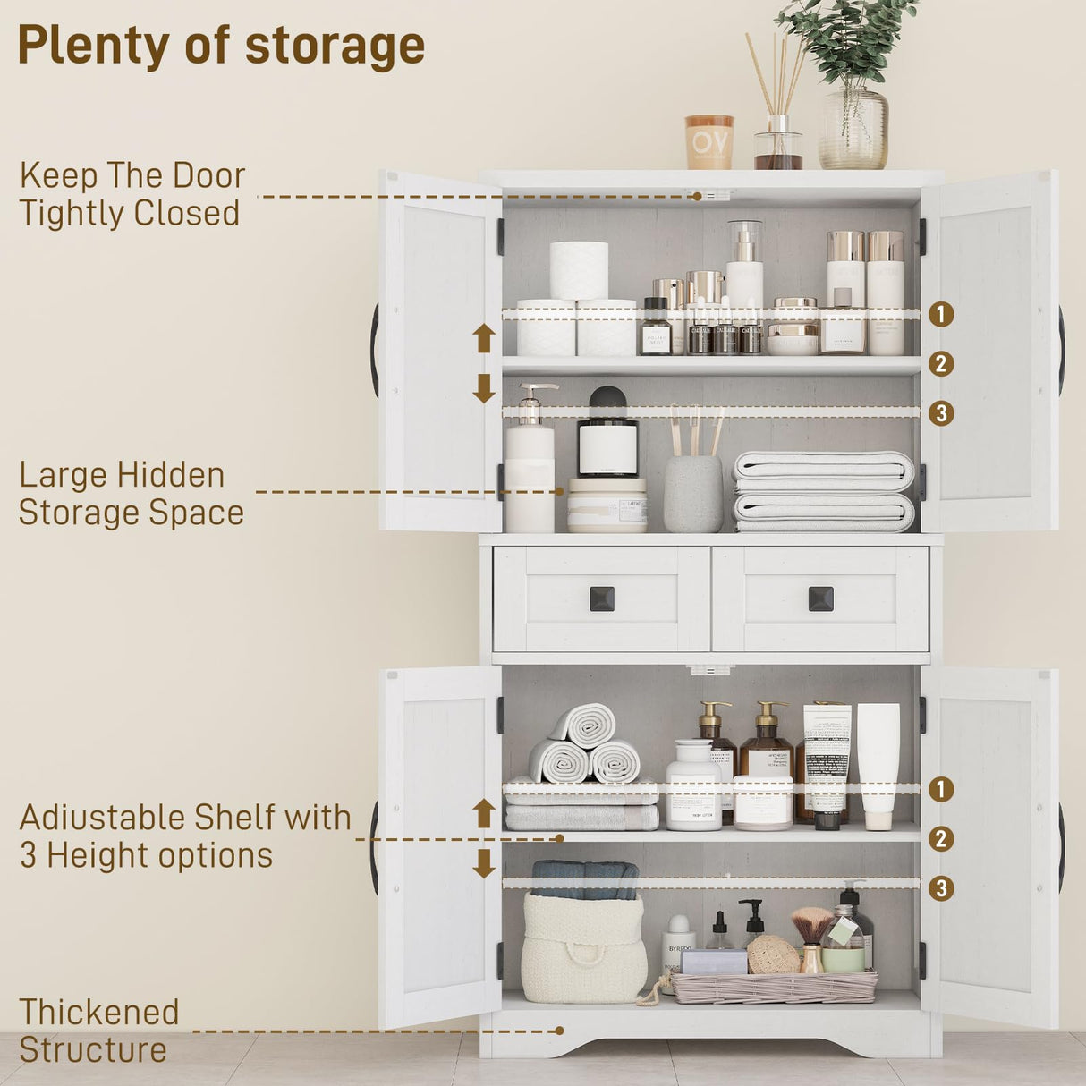 Farmhouse Bathroom Storage Cabinet with 2 Drawers and Barn Doors, Kitchen Pantry Cabinet, Freestanding Storage Cabinet with Adjustable Shelves for Bathroom, Living Room, Kitchen.(Unique White). Vabches