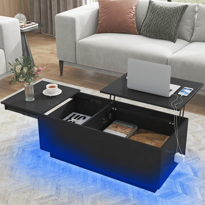 HOMMPA Lift Top LED Coffee Table, Black - WoodArtSupply