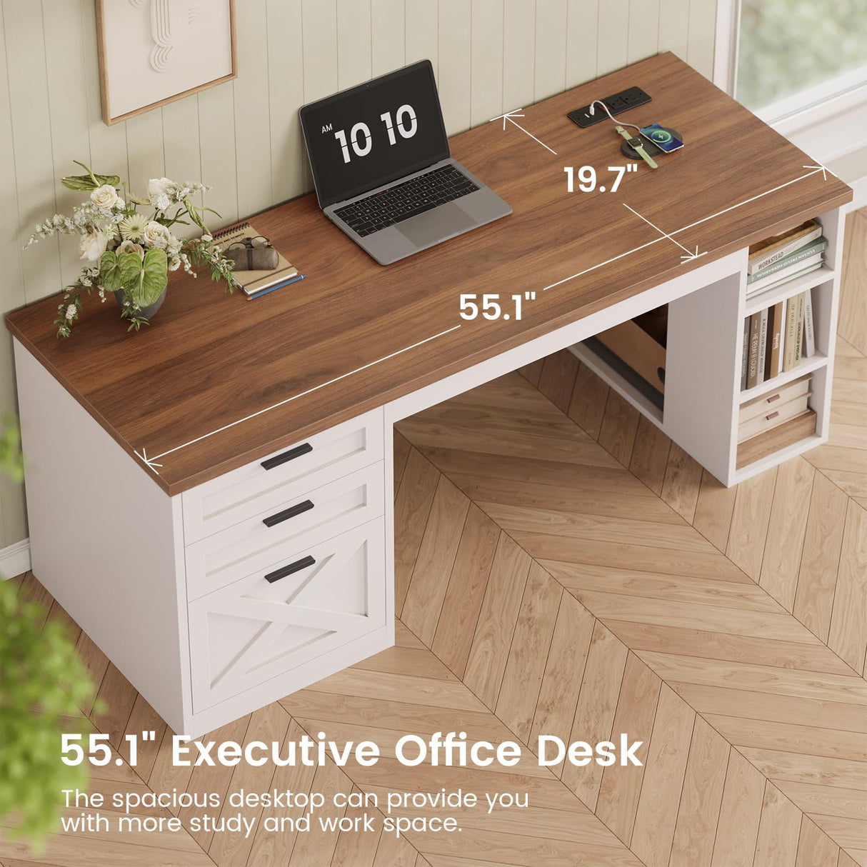 SEDETA 55.1" Farmhouse Office Desk with 3 Drawers, Executive Desk with File Drawer & Storage Shelves, Computer Desk with Power Outlet for Home Office, White and Brown SEDETA