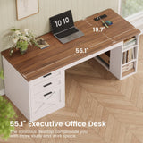 SEDETA 55.1" Farmhouse Office Desk with 3 Drawers, Executive Desk with File Drawer & Storage Shelves, Computer Desk with Power Outlet for Home Office, White and Brown SEDETA