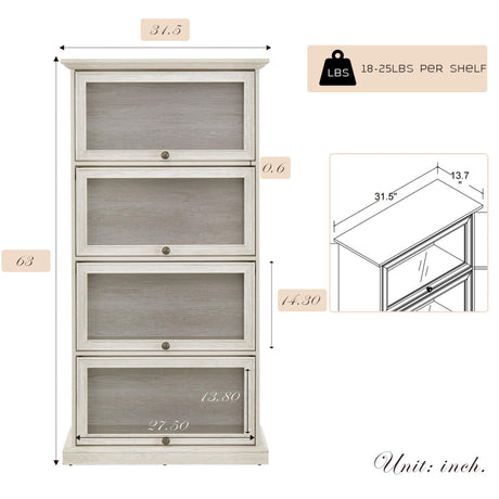 Eyisean Farmhouse Glass Bookshelf Collectors, 63''H Elegant Display Cabinet with 4-Tier Flip-Up Tempered Glass Doors, Tall Curio Cabinet for Collectors and Display, Rack for Living Room Storage(White) Eyisean