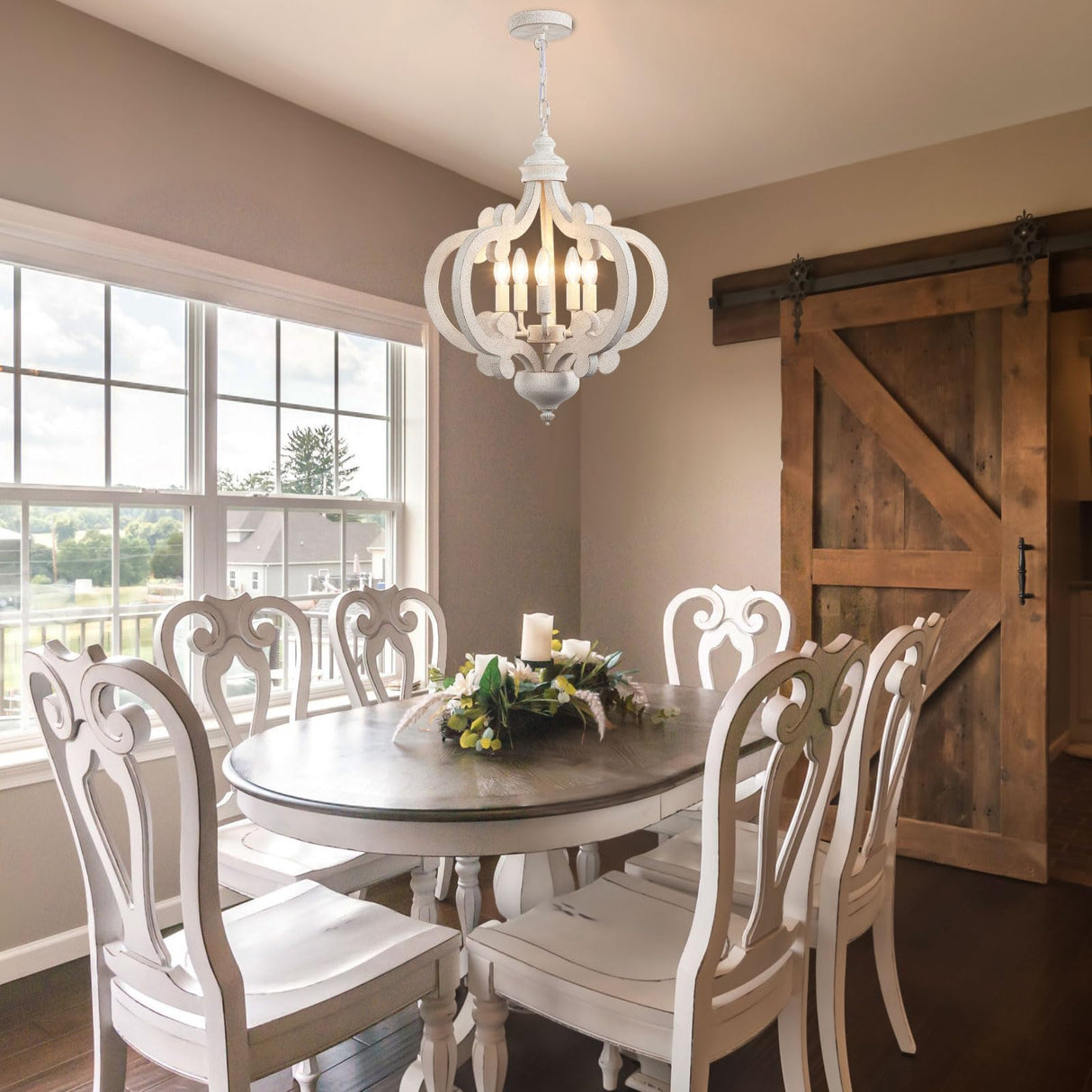 ETONIMERR Wooden French Country Chandelier Light Fixture Ceiling 5-Light, Antique White Farmhouse Chandelier for Dining Room Cottage Rustic Pendant Lighting for Kitchen Island Living Room Bedroom ETONIMERR