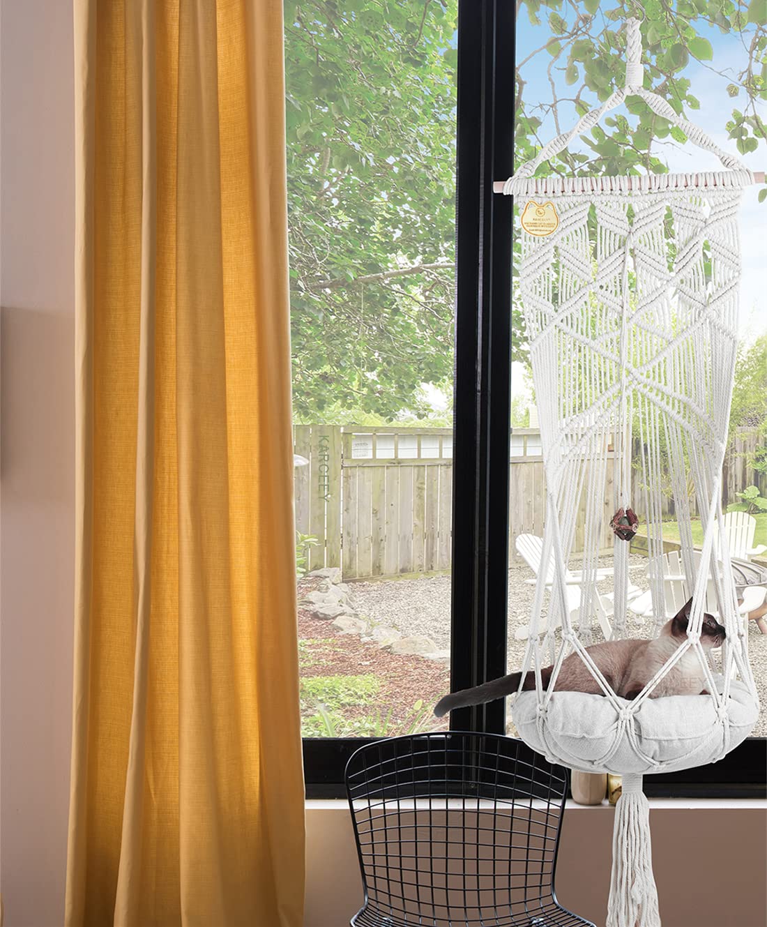 KARCEEY Macrame Cat Hammock,Macrame Hanging Cat Bed with Catnip Cushion and Hanging Kit (1.Macrame Hammock with Cat Bed) KARCEEY